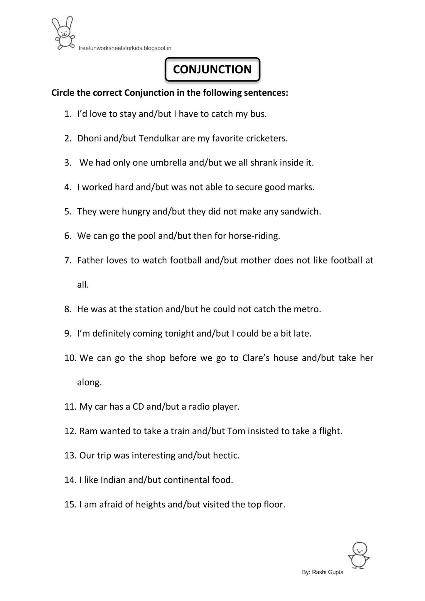 Conjunctions - FreeFunWorkSheetsForKids