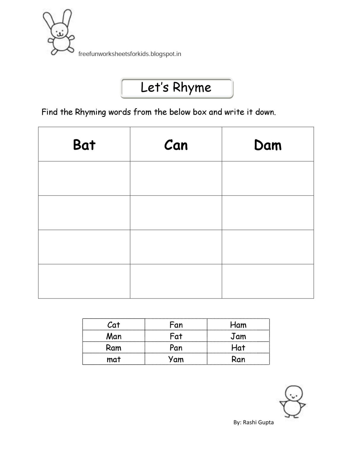 Rhyming Words - FreeFunWorkSheetsForKids