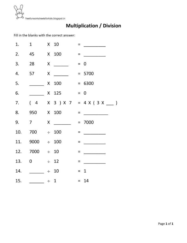 Multiplication & Division - FreeFunWorkSheetsForKids